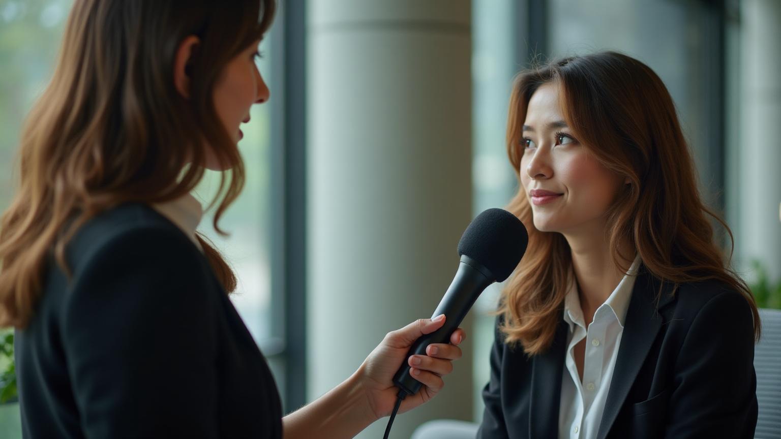 Entrevista: pessoa sendo entrevistada por jornalista com microfone